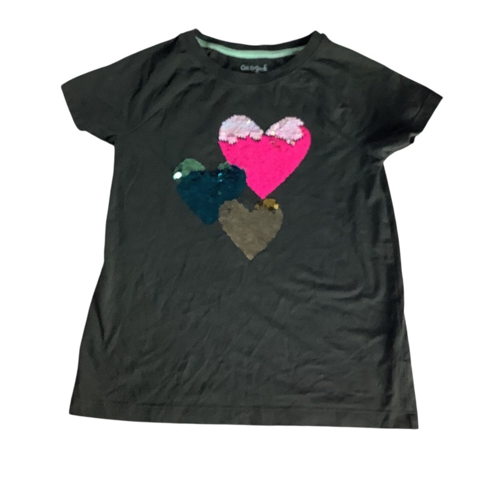 Cat & Jack Girls Flip‎ Sequin T-Shirt Size M 7/8 Short Sleeve Hearts Tee Crew